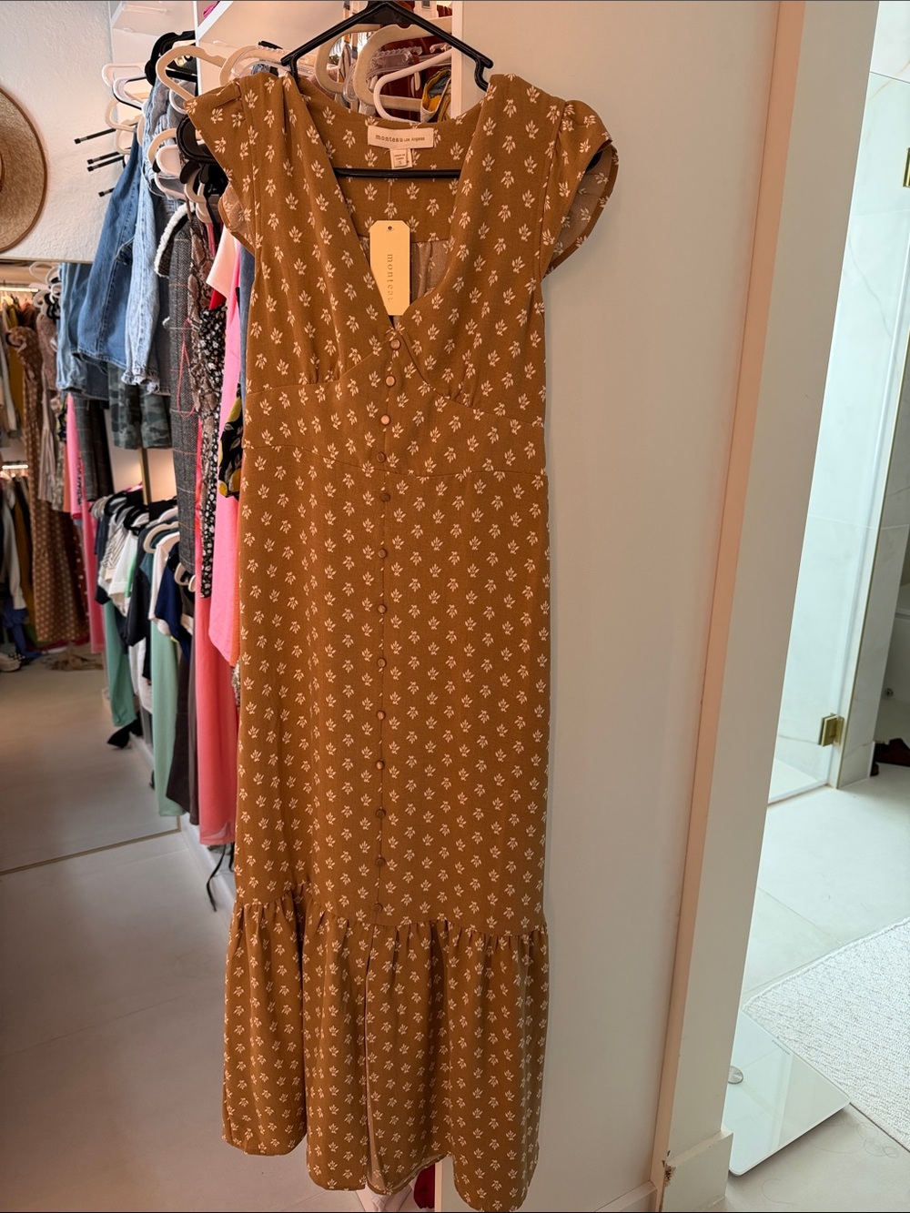 Monteau Mustard Floral Button-Front Maxi Dress